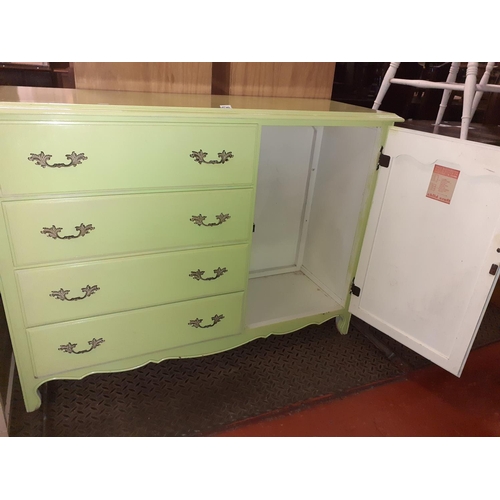 510 - Painted Light Green Four Drawer Chest of Drawers with Side Cupboard Housing Hanging Rail.