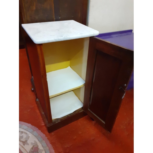 528 - Mahogany Single Door Pot Cupboard with Two Shelves and Solid Marble Top.