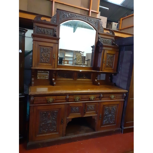 530 - Large Solid Mahogany, Carved Front, Mirror Back Sideboard with Multiple Cupboards & Three Drawers - ... 