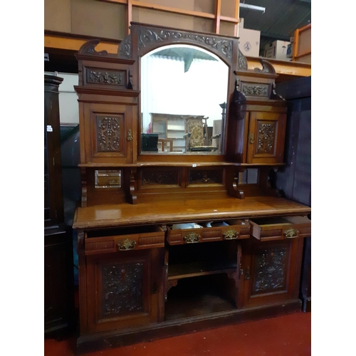 530 - Large Solid Mahogany, Carved Front, Mirror Back Sideboard with Multiple Cupboards & Three Drawers - ... 