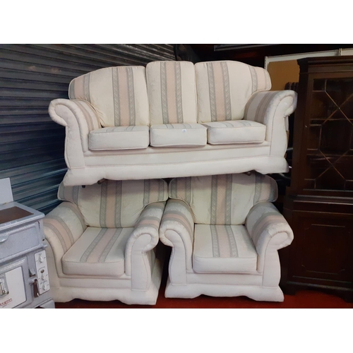 532 - Cream Striped, Upholstered 3 Seater Settee with Two Matching Arm Chairs.