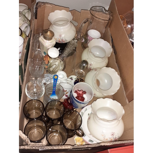 55 - Box of Glass Shades, Glass Ware, Coffee Cups, Cranberry Glass Style Candle Holders etc.