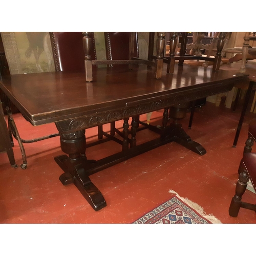 550 - Large Extendable Oak Refectory Table with Four Matching Leather Chairs & Two Carvers.