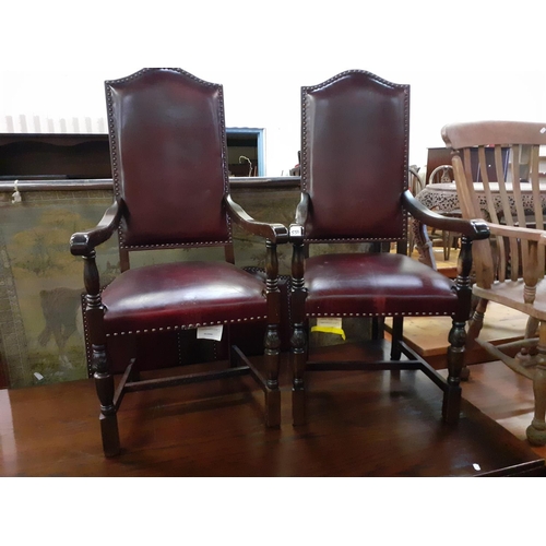 550 - Large Extendable Oak Refectory Table with Four Matching Leather Chairs & Two Carvers.