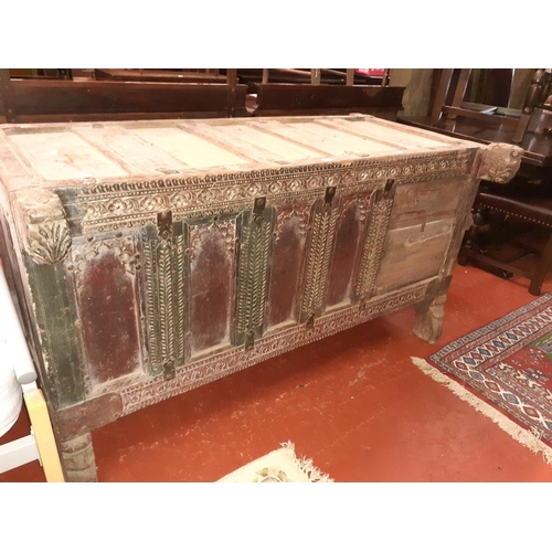 552 - 18th/19th Century Indian Wood Carved Front Indian Dowry Chest with Sliding Front Panel, Secret Compa... 