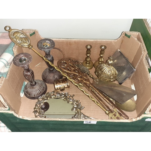 56 - Box of Brass & Plated Ware to include Brass Candlesticks etc.