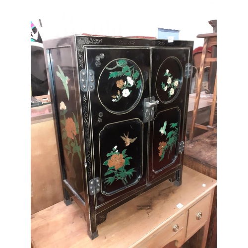 595 - Hand Painted Two Door Oriental Cabinet with Floral & Bird Design - Approximately 58cm Wide x 28cm De... 