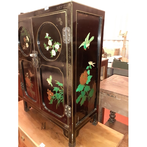 595 - Hand Painted Two Door Oriental Cabinet with Floral & Bird Design - Approximately 58cm Wide x 28cm De... 