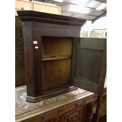 611 - Hanging Carved Oak Corner Wall Cupboard with 2 Shelves.