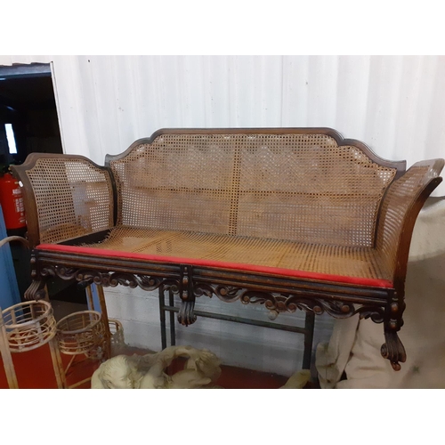 626 - Three Seater Vintage Oak Framed Settee with Bergiere Back & Sides and Red Velour Seat Cushions.