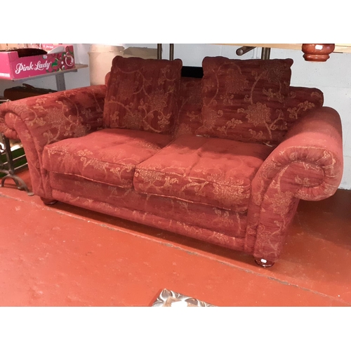 629 - Pair of Large Two Seater Red & Gold Upholstered Settees with Back Cushions.