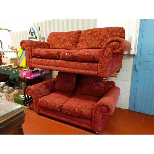 629 - Pair of Large Two Seater Red & Gold Upholstered Settees with Back Cushions.