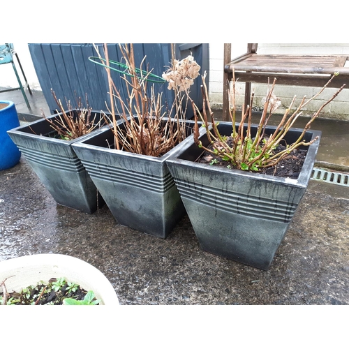 644 - Three Square Black & Grey Hard Plastic Planters Approximately 13