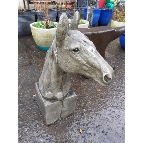 647 - Concrete Garden Horses Head on Plinth.