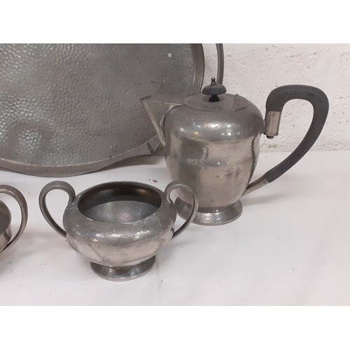 406 - Vintage Hammered English Pewter 4 Piece Tea Service on Matching Double Handled Tray.