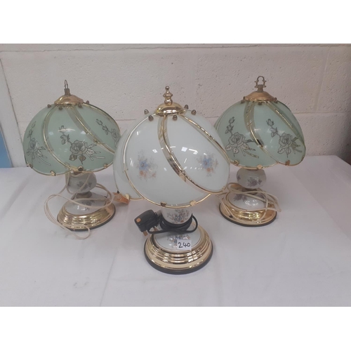 240 - Pair of Brass Based, Glass Shade Table Lamps (to be rewired) & One Other Similar (Working).