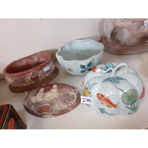 279 - Raised Decoration Soapstone Lidded Box & Hand Painted Pumpkin Jar with Lid.