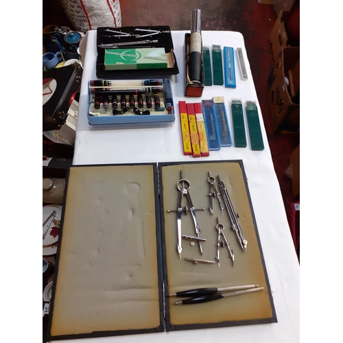 363 - Tray of Various Drawing Instruments Including Compass Set aswell as an Otis King's Pocket Calculator... 