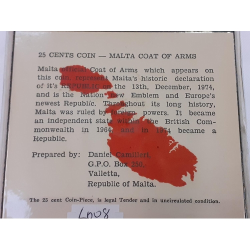 444 - Malta Coat of Arms First Anniversary 1975 Republic Uncirculated 25 Cents Coin.