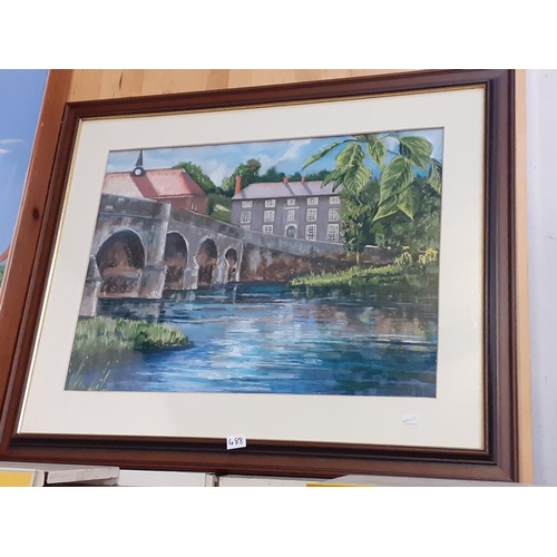 488 - Framed Picture Depicting River Wye & Bridge at Builth.