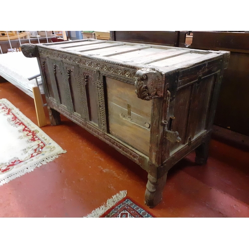 551 - 18th/19th Century Indian Wood Carved Front Indian Dowry Chest with Sliding Front Panel, Secret Compa... 