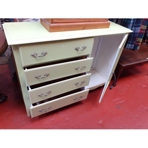 567 - Painted Light Green Four Drawer Chest of Drawers with Side Cupboard Housing Hanging Rail.