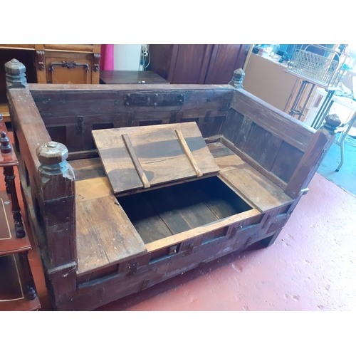 582 - Heavy Solid Teak Indian Pitara Circa 19th Century - has central lift lid for storage.