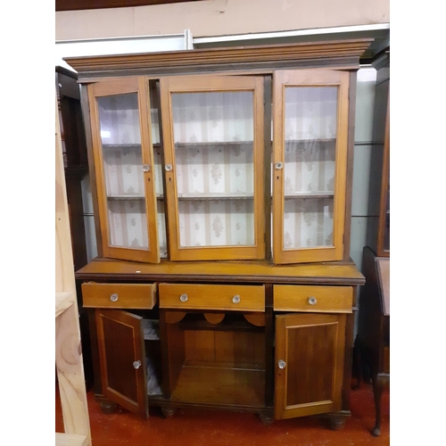 627 - Large Oak Triple Glazed Top Dog Kennel Dresser with Three Drawers and Two Cupboards.