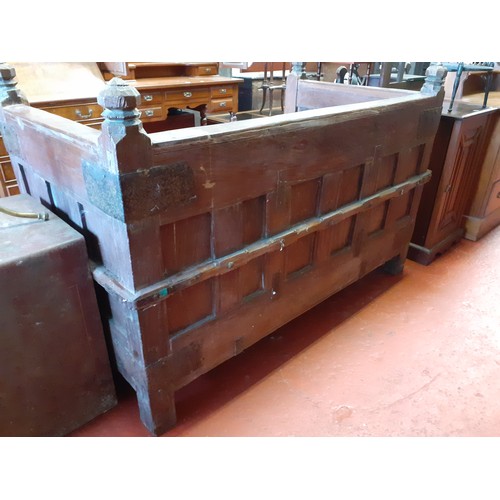 582 - Heavy Solid Teak Indian Pitara Circa 19th Century - has central lift lid for storage.