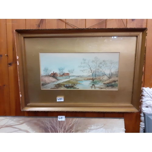 480 - Gilt Framed Water Colour Depicting Lake & Farmland.