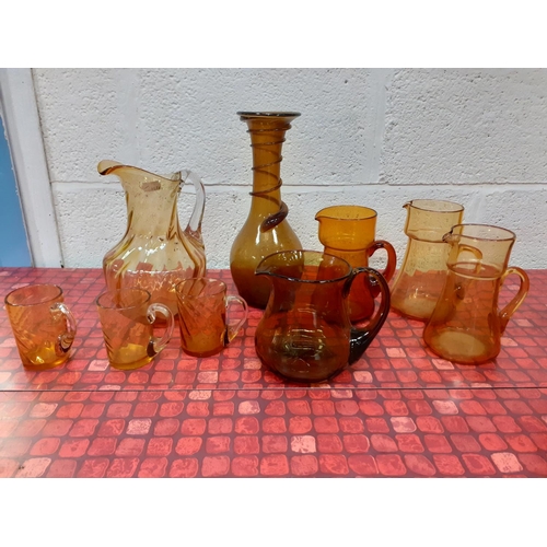 53 - Selection of Amber Glass Ware - Jugs, Glasses & Vase.