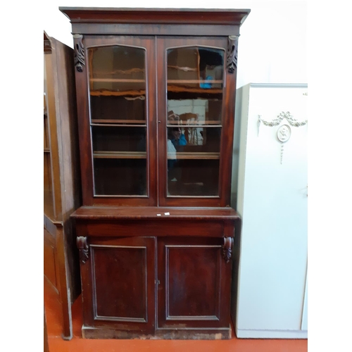 618 - Tall Mahogany Glazed Top Bookcase with Double Cupboard and Secret Drawer.