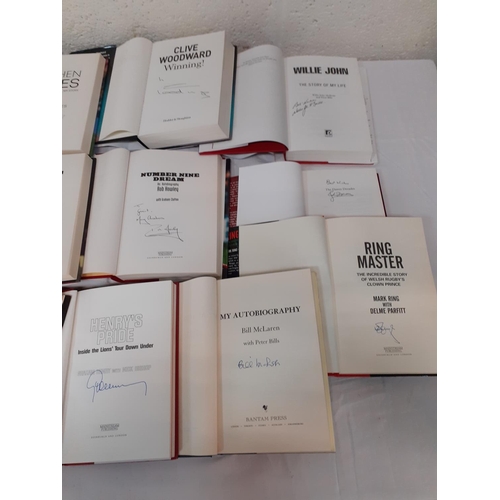 112 - Eleven Signed Rugby Books Including Graham Henry, Bill McLaren etc.