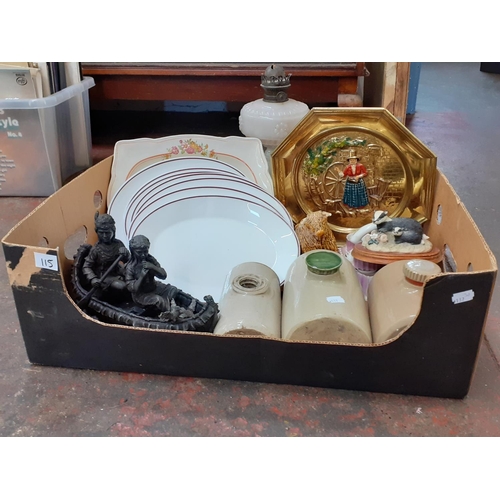 115 - Box to Include Earthen Ware Hot Water Bottles, Milk Glass Oil Lamp Base, Plates etc.
