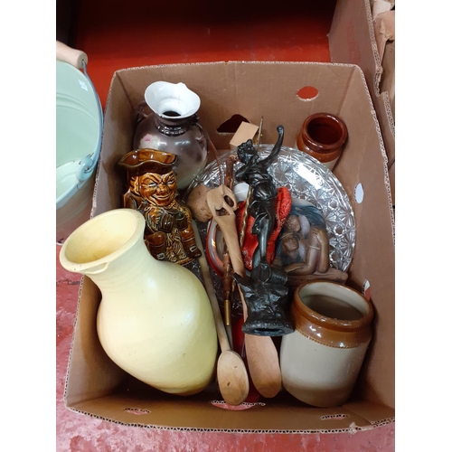 125 - Box to Include Earthenware Jars, Character Jug, Modern Art Glass Sculpture, Vases etc.