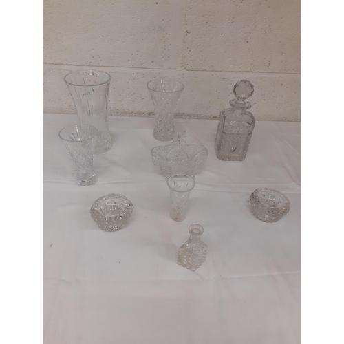 149 - Tray of Cut Glass Vases, Decanter, Candle Holders etc.