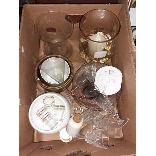 65 - Box of Glasses, Jardinières, Vase, Candle Holder etc.