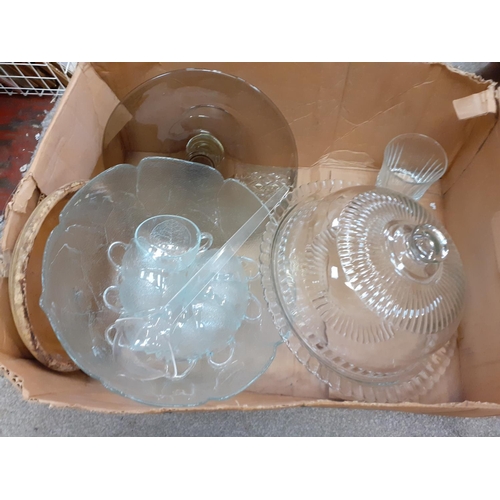 94 - Box of Glass Ware to Include Punch Bowl Set, Lidded Glass Display Stand etc.