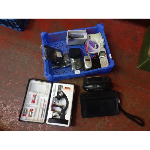 35 - Box to Include Various Mobile Phones, Compact Radio, Microscope Kit, Leather Pouches etc.