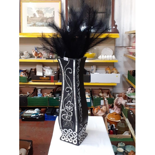 367 - 2ft Tall Black & Silvered Vase with Artificial Feather Display.