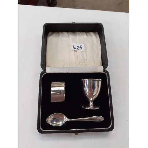 426 - Boxed Hallmarked Silver, Egg Cup, Spoon & Napkin Ring.