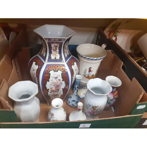 6 - Box of Vases to Include Delfts, Royal Albert, Wedgwood etc.