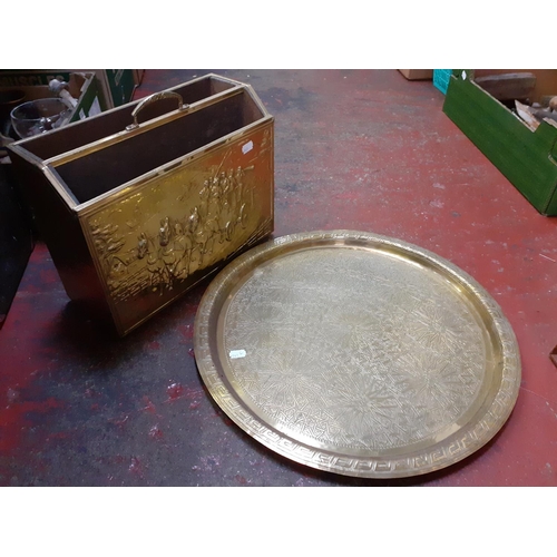 70 - Large Brass Wall Plaque & Brass Magazine Rack.