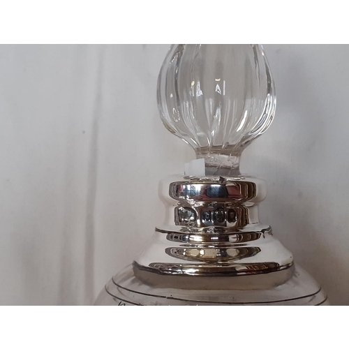 349 - Hallmarked Silver Mounted Etched Glass Scent Bottle & Stopper - stopper has damage to top.