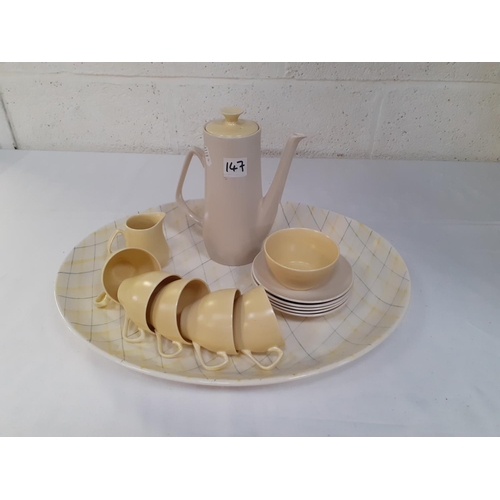 147 - 13 Piece Cream & Lemon Staffordshire Coffee Set & Similar Swinnerton's Meat Plate.