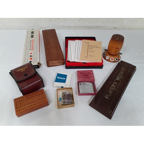 158 - Tray of Bridge, Cribage Set, Card Game Accessories & Two Boxed Lighters - Ronson & Mosda.