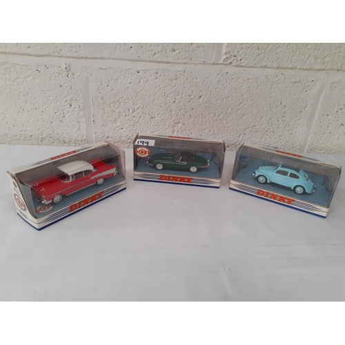 199 - Boxed Dinky DY-2 Chevrolet Bel Air 1957, DY-6 1951 Volkswagen & DY-1 1968 Jaguar E Type.