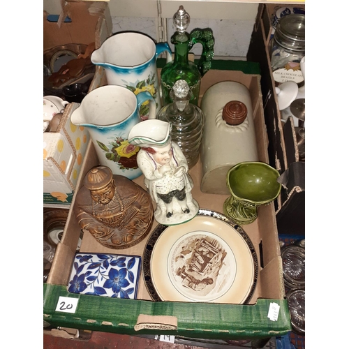 20 - Box to Include Sadler Dish, Minton China, Earthenware Hot Water Bottle, Green Glass Jug etc.