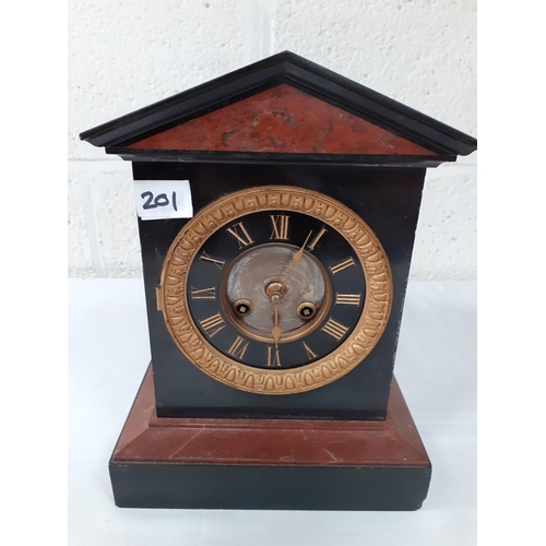 201 - Heavy Slate Marble Gilt & Black Faced Mantle Clock - Glass Missing to Face.