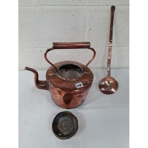 208 - Large Copper Kettle & Strainer Spoon.